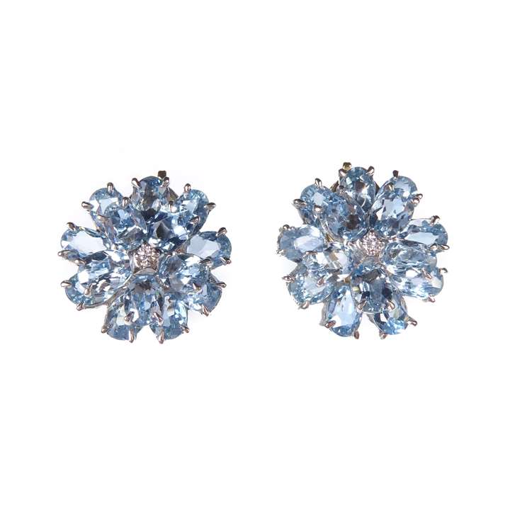 Pair of aquamarine and diamond flowerhead cluster earrings